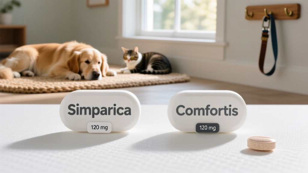 Side-by-side comparison of Simparica and Comfortis chewable tablets on a clean white surface