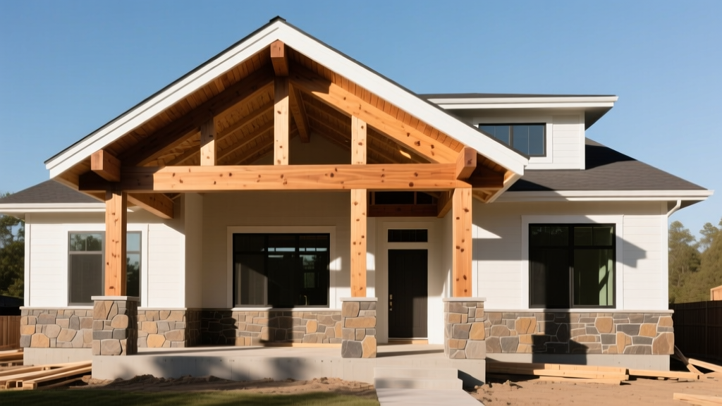 Modern 1600 square foot craftsman home with stone veneer accents and cedar roof framing during active construction phase