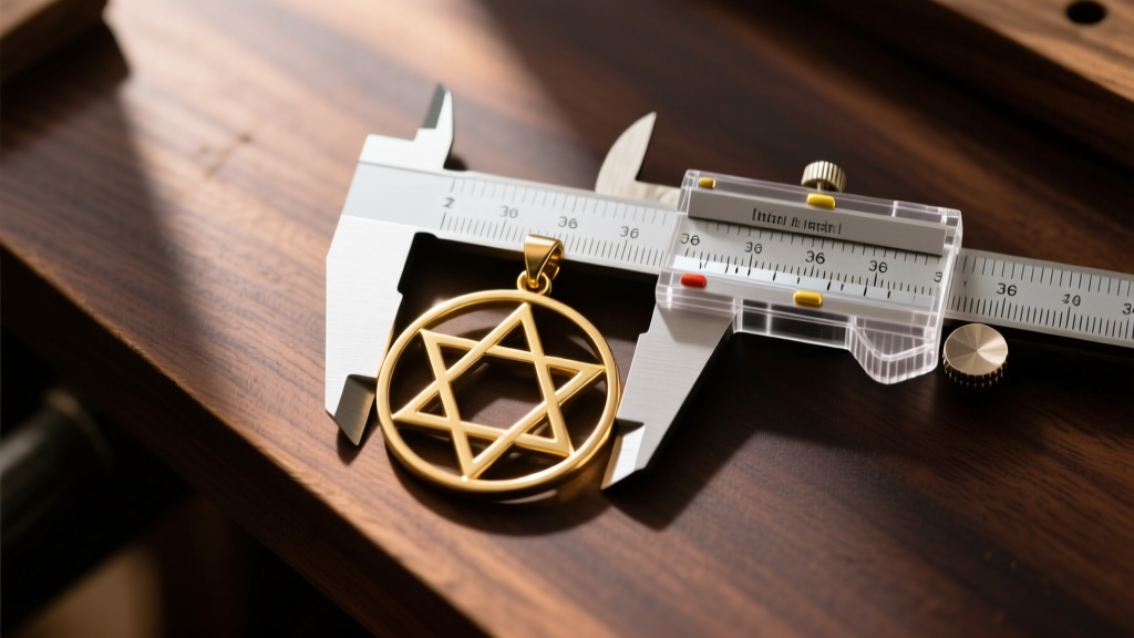 Top-down view of a brass pentagram pendant measured with digital calipers to verify 36-degree angles on a dark wood workbench.