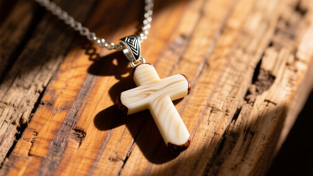 Polished tagua nut cross necklace with a sterling silver bail on a rustic wooden surface, illuminated by soft natural sunlight.