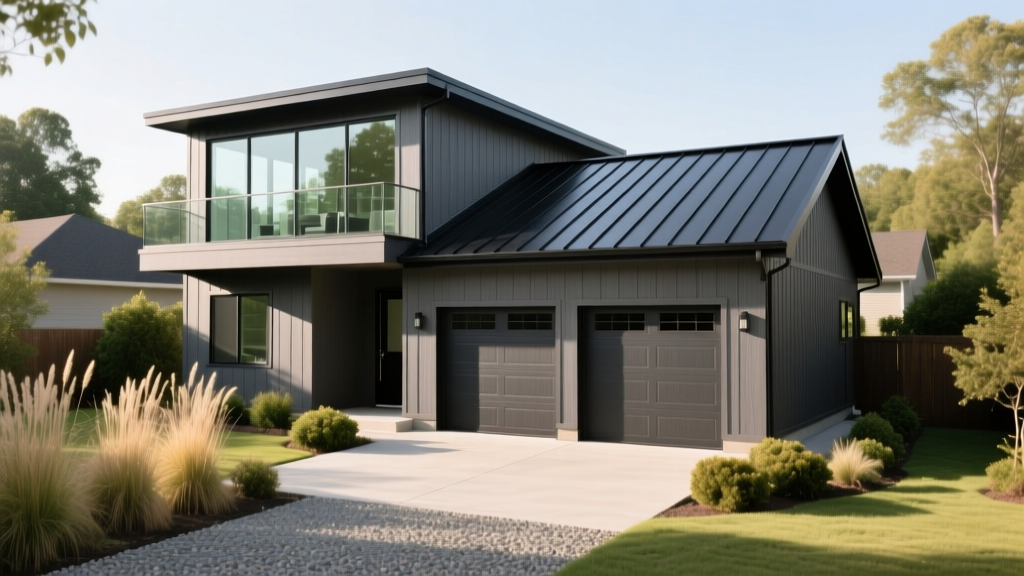 Exterior view of a newly built detached two-car garage with a second-story loft, featuring LP SmartSide siding and a metal roof in a suburban backyard