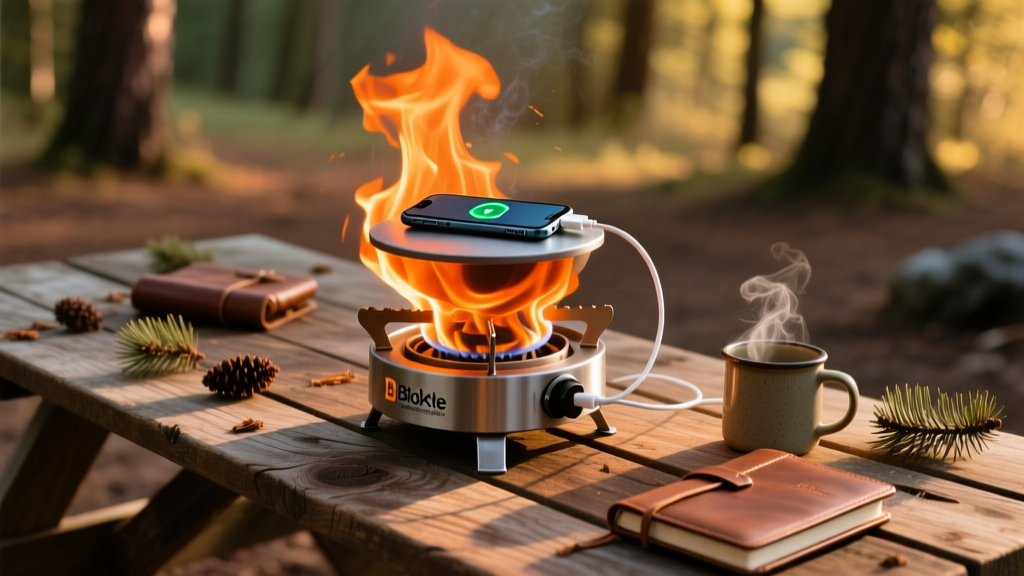 BioLite wood-burning camp stove glowing with orange flames while charging a smartphone via USB on a rustic wooden picnic table