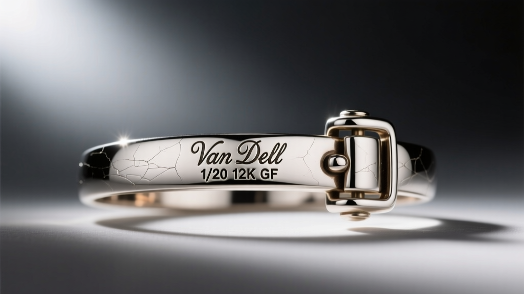 Macro view of a vintage clasp stamped with the Van Dell hallmark and 1/20 12K GF, lit by a bright directional jeweler