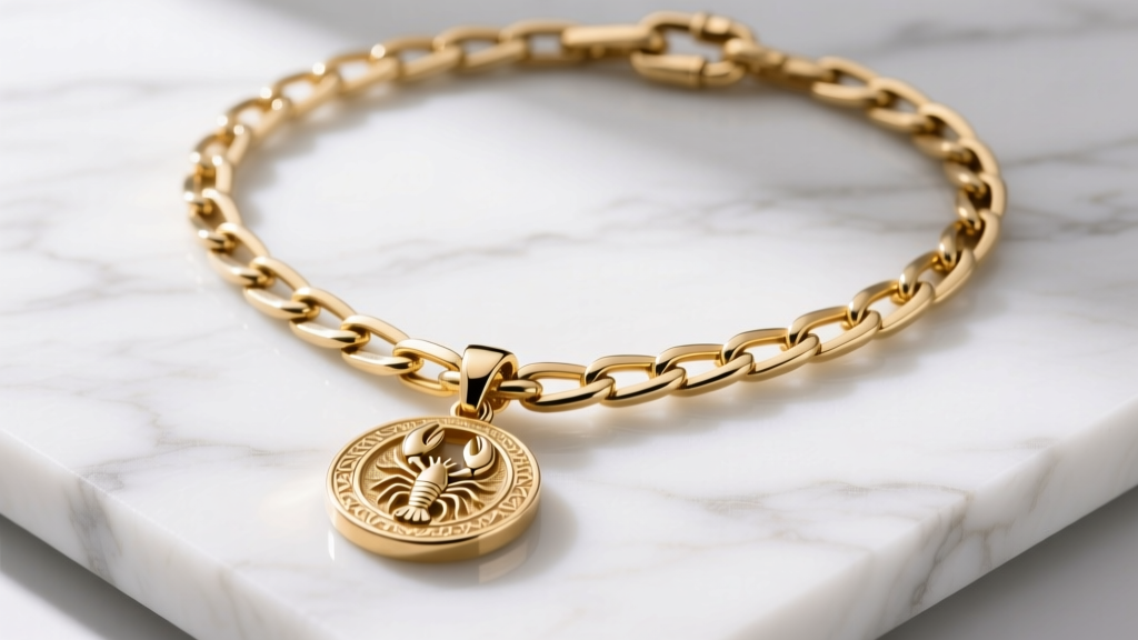 Sturdy 18-inch 14k gold Figaro chain with a secure lobster clasp holding a heavy pendant, photographed on a white marble surface.