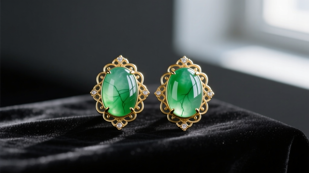 Art Deco vintage jade earrings on dark velvet, softly lit to highlight the translucent green jadeite cabochons and gold filigree