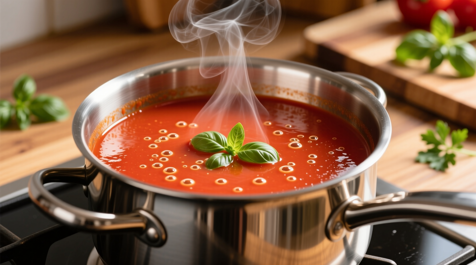 Fresh tomato soup simmering in stainless steel pot
