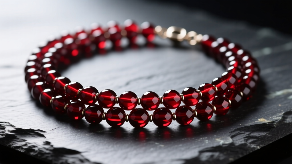 Close-up of a multi-strand garnet bead necklace featuring deep red almandine stones on dark slate with soft directional lighting.