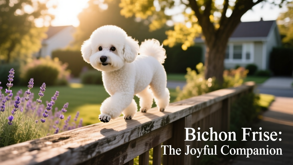 Fluffy bichon frise walks on railing ledge