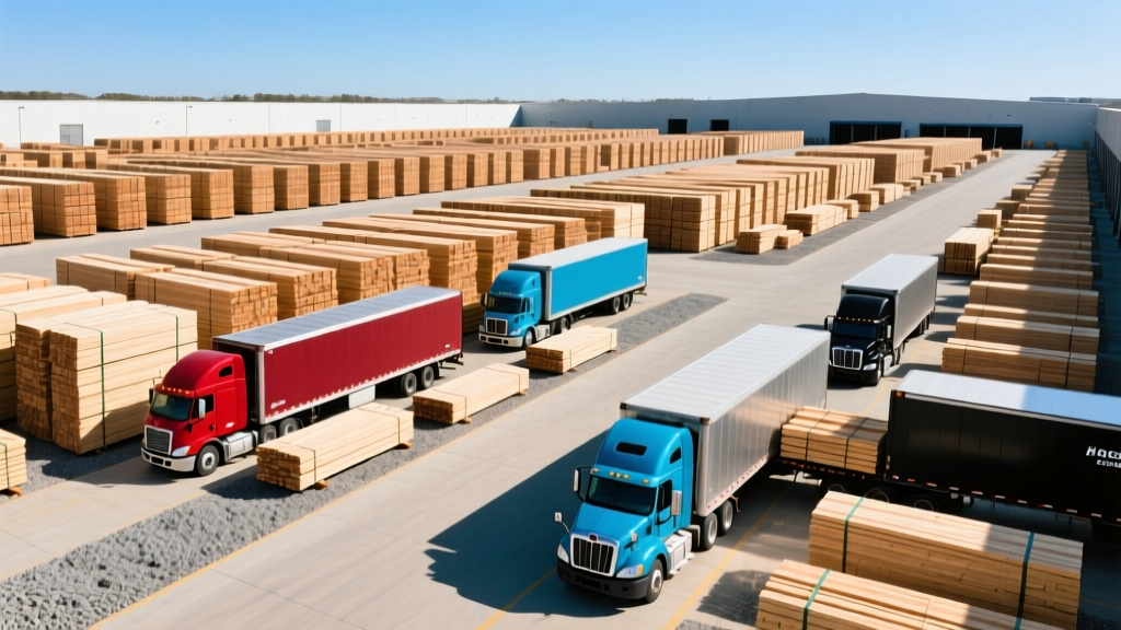 Aerial view of a building materials distribution yard with organized lumber stacks and delivery trucks loading for construction sites