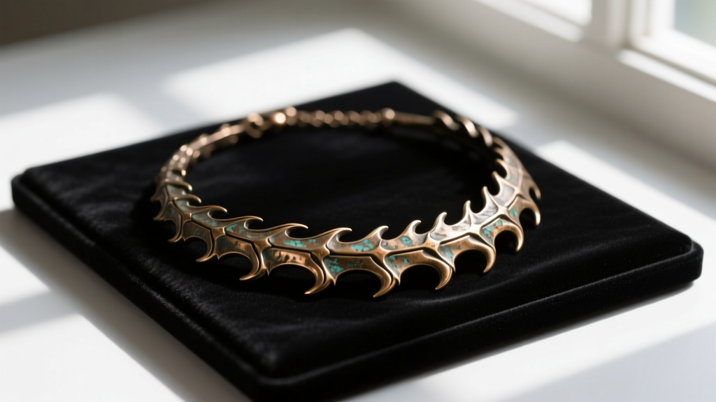Physical replica of the dragonbone necklace OSRS item cast in antiqued bronze, resting on a dark velvet jewelry display pad