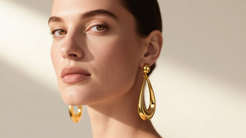Portrait of a woman with a square jawline wearing long curved 18k gold drop earrings, softening her features in natural sunlight.