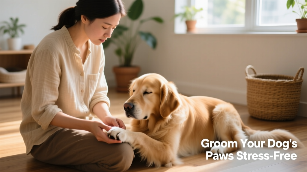 A trainer calmly examining a dog's paw while the dog rests its head on their knee, showing relaxed body language