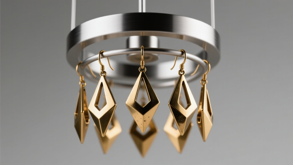 Sleek brushed aluminum rotating earring display holding heavy brass geometric drop earrings against a minimalist grey backdrop.