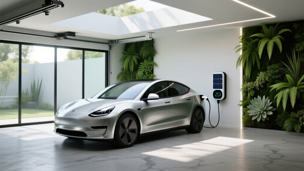 A sleek, modern electric vehicle plugged into a solar-integrated smart charger in a lush, green, eco-friendly garage setting.