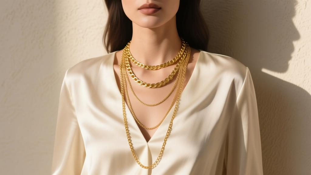 Woman wearing layered gold chains of 14, 16, and 18 inches, highlighting varying necklace chain lengths against a silk blouse.