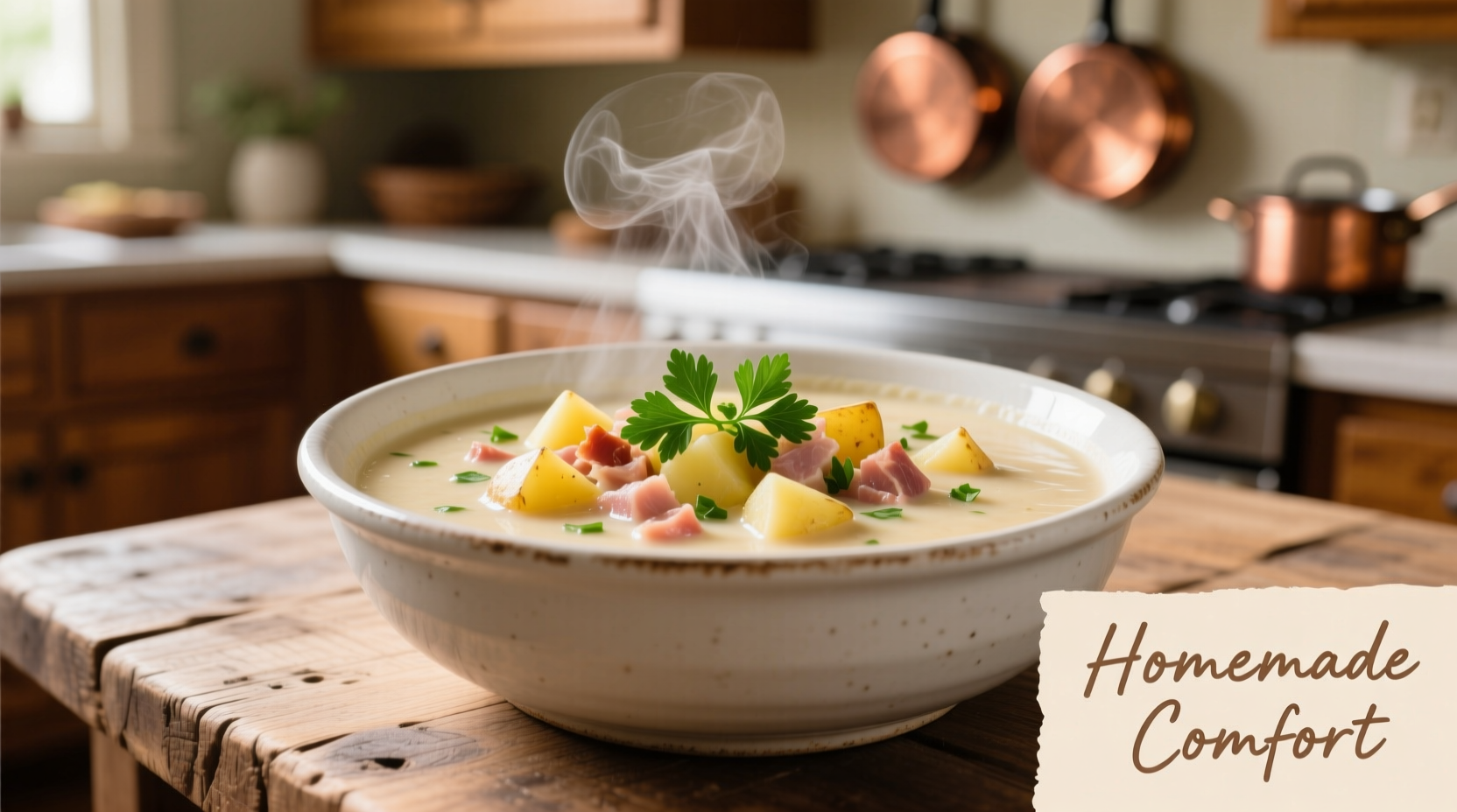Creamy potato ham chowder in white bowl with fresh parsley