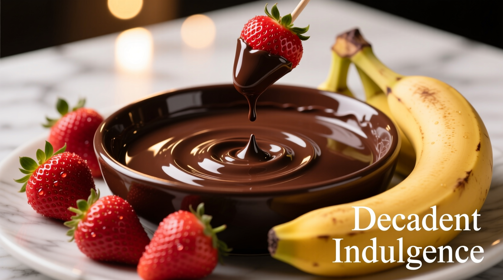 Silky chocolate fondue with fresh strawberries and bananas