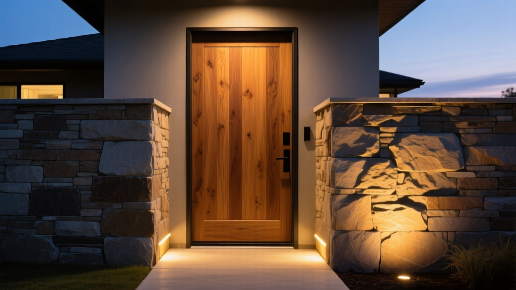 Close-up of warm ledgestone veneer framing a modern craftsman wooden front door with integrated low-voltage pathway lighting at dusk.
