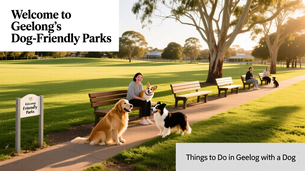 A dog-friendly park in Geelong with open green space and shaded benches