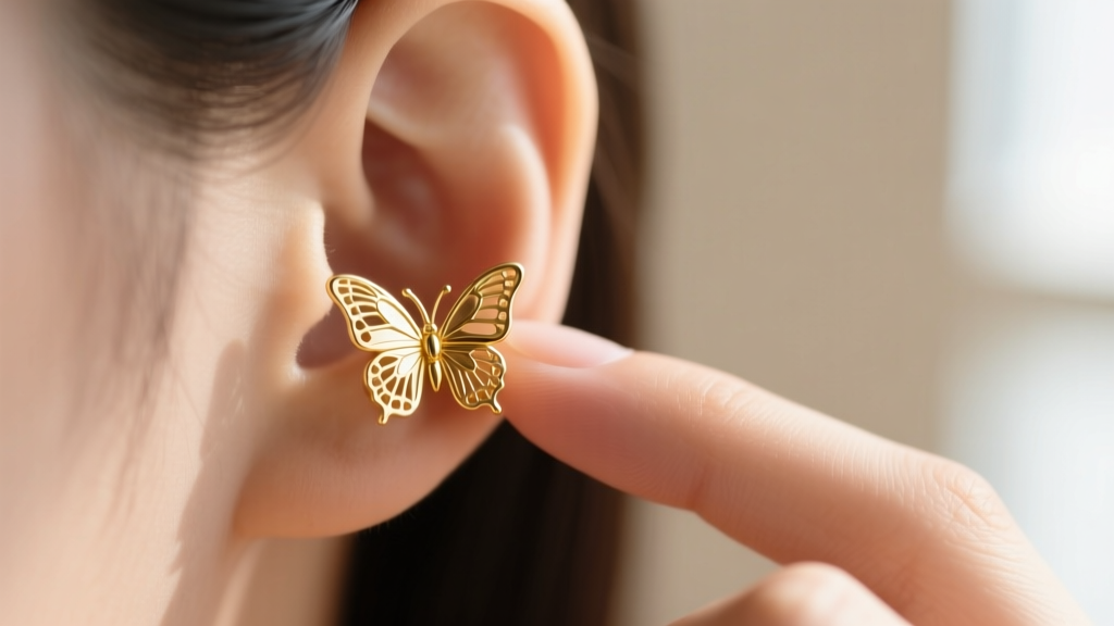 Fingers gently gripping a small gold butterfly back earring clutch on an earlobe under soft natural light, high detail macro shot