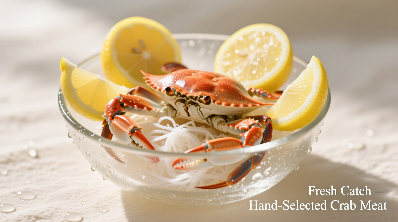 Fresh crab meat in a glass bowl with lemon wedges
