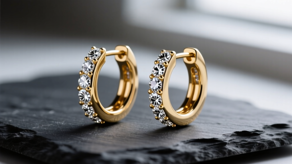 Macro photography of a pair of 14k gold vermeil huggie hoop earrings with pavé moissanite stones resting on a dark slate surface
