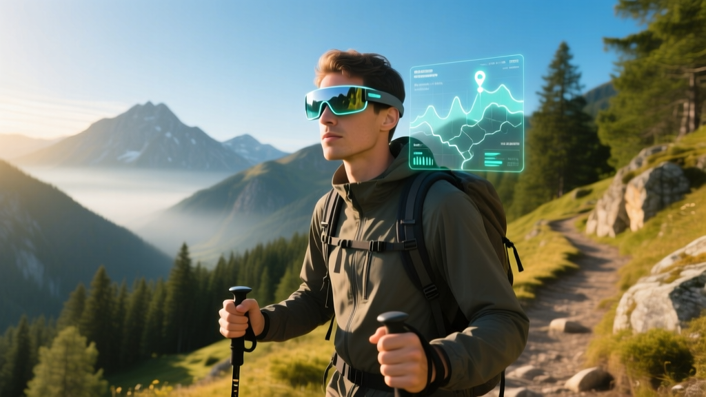 Hiker wearing lightweight AR glasses scanning a mountain trail for visual search waypoints and topographical overlays