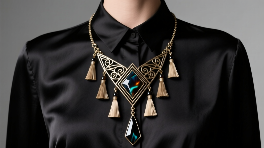 1920s Art Deco vintage lariat necklace with geometric onyx tassel draped over black silk blouse under soft studio lighting
