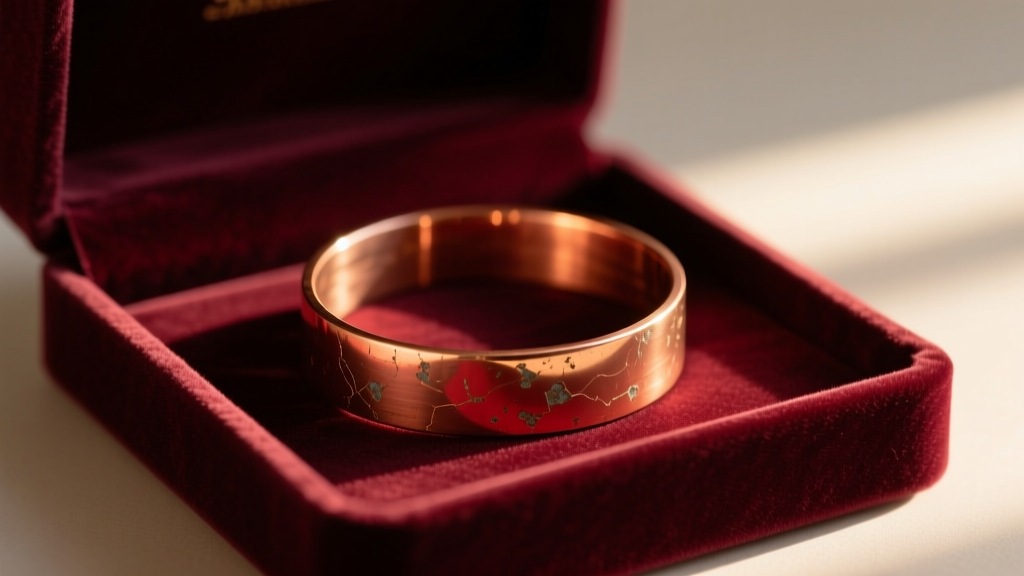 Raw copper cuff bracelet resting in an open dark velvet gift box, warm golden hour lighting highlighting the reddish metal.