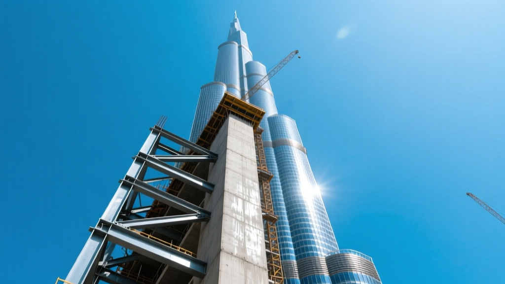 Dramatic low-angle view of the Burj Khalifa reinforced concrete core and steel spire against a clear blue Dubai sky during construction