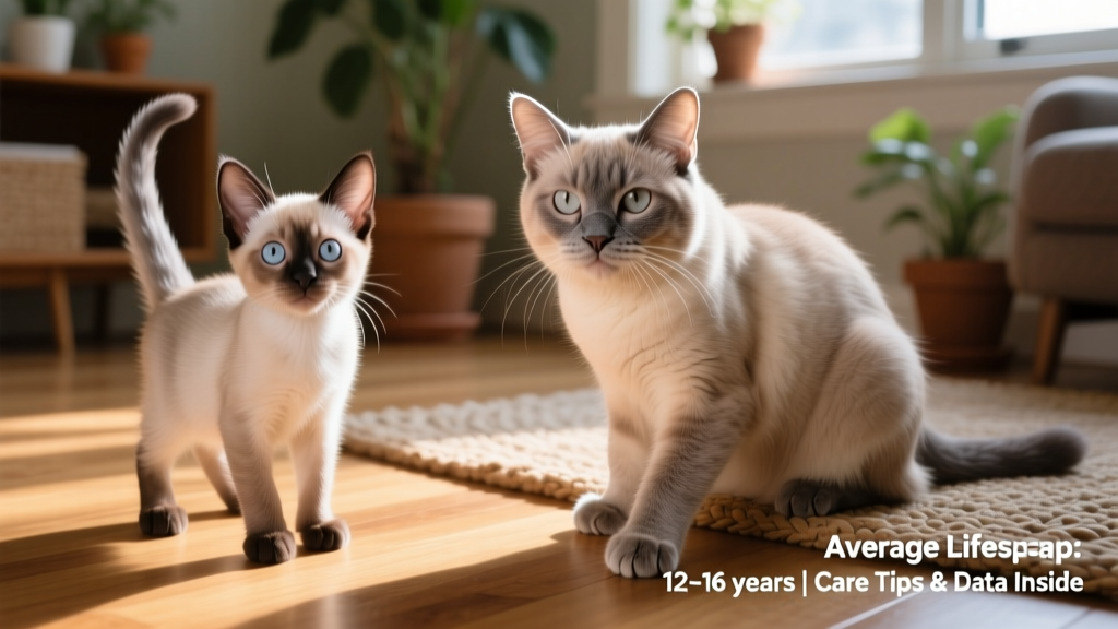 Side-by-side comparison showing a young Burmese kitten and an elderly Burmese cat, highlighting subtle physical differences
