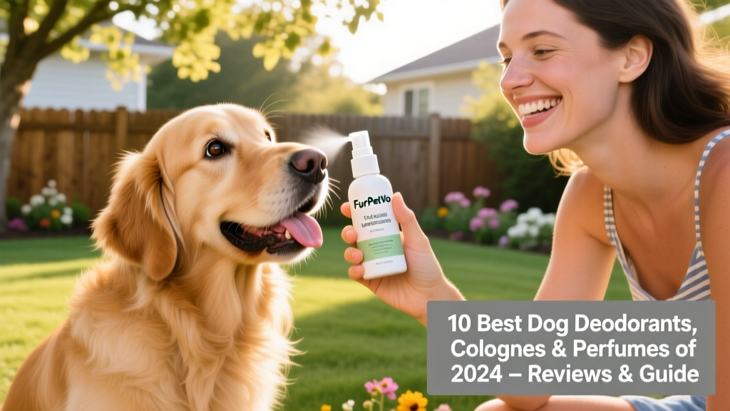 A golden retriever happily sniffing a FurPetVo spray bottle held by its smiling owner in a sunlit backyard