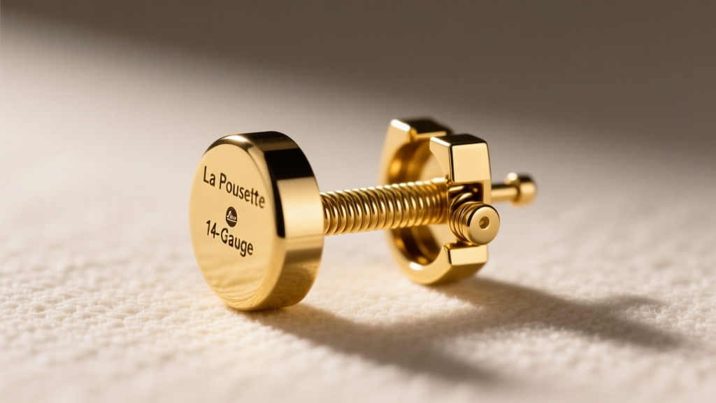 Side view of a thick 14-gauge gold earring post with a La Pousette locking back, showing its secure internal spring mechanism.