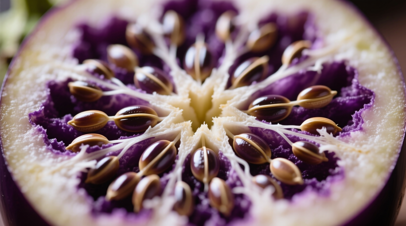 Close-up of eggplant cross-section showing seed pattern