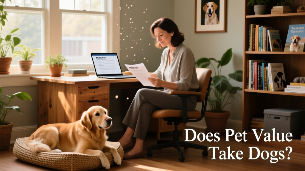 A person reviewing adoption applications on a laptop beside their calm, well-behaved dog
