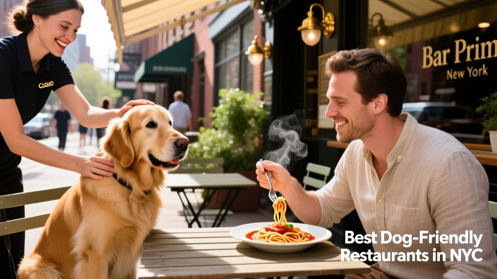 Cosmo seated politely at Bar Primi's sidewalk table, receiving gentle pets from staff while Matthews enjoys spaghetti pomodoro