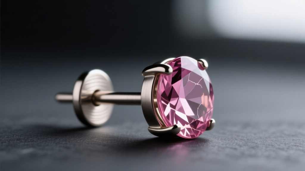 Side profile showing the post and backing of a 20-gauge titanium rose quartz stud earring against a softly blurred dark backdrop