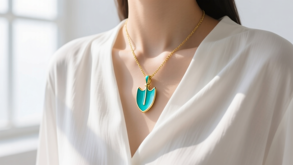 Gold-plated turquoise enamel spade pendant necklace on a crisp white linen blouse, illuminated by bright, warm natural sunlight.