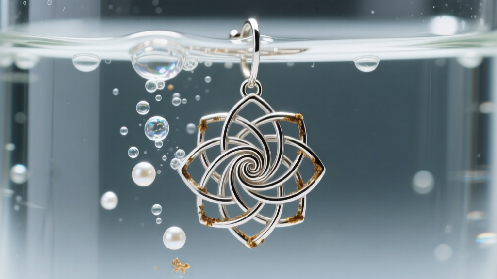Macro shot of a labyrinth stud earring in an ultrasonic cleaner, showing tiny bubbles lifting tarnish from wire crevices.