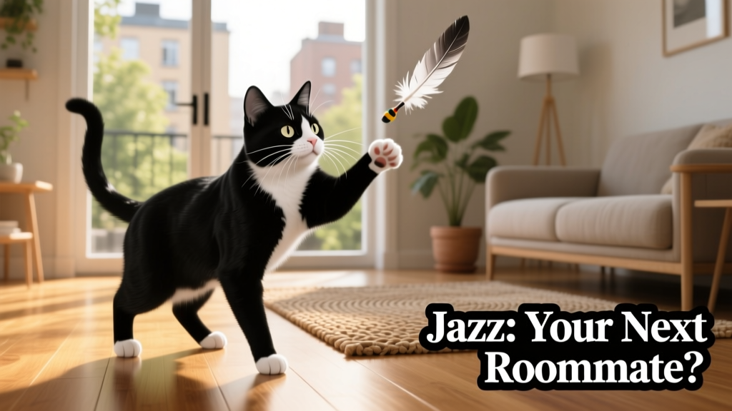 Jazz, a sleek black-and-white Domestic Shorthair, playfully batting at a feather toy