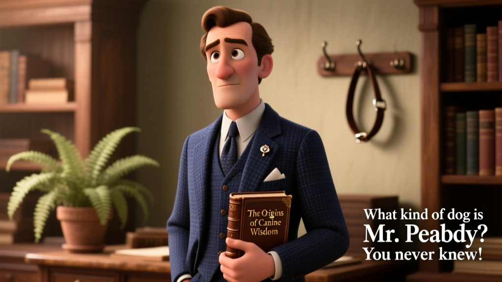 Animated portrait of Mr. Peabody standing upright in a tweed suit, holding a book and looking thoughtfully at the viewer