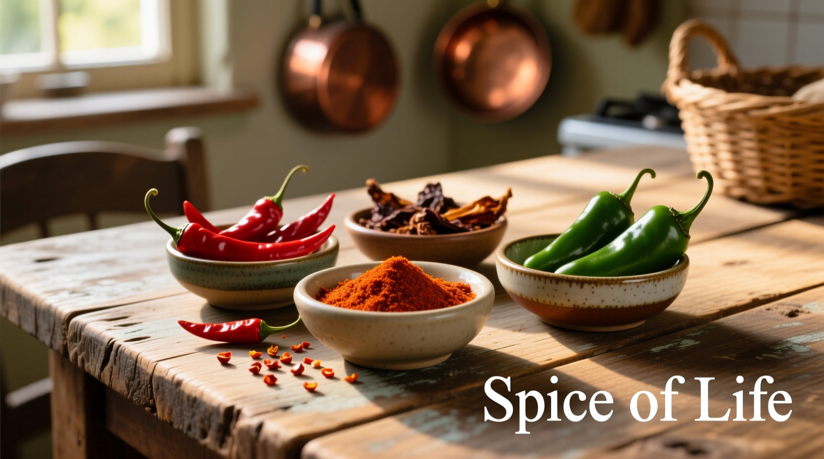 Chili spices arranged in small bowls on wooden table