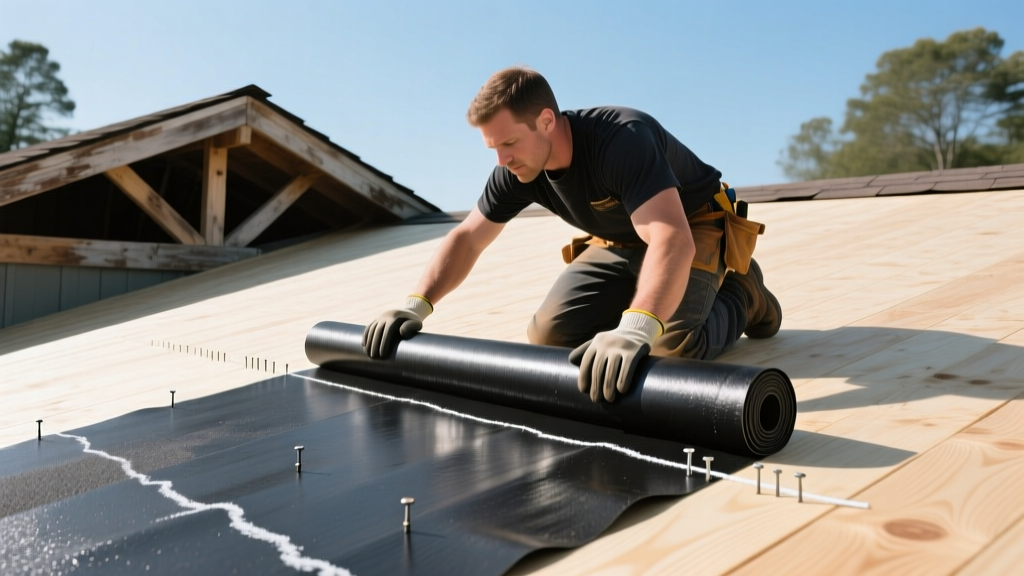 Roofer unrolling black asphalt roll roofing material over plywood decking on a low-slope shed roof using a chalk line and roofing nails