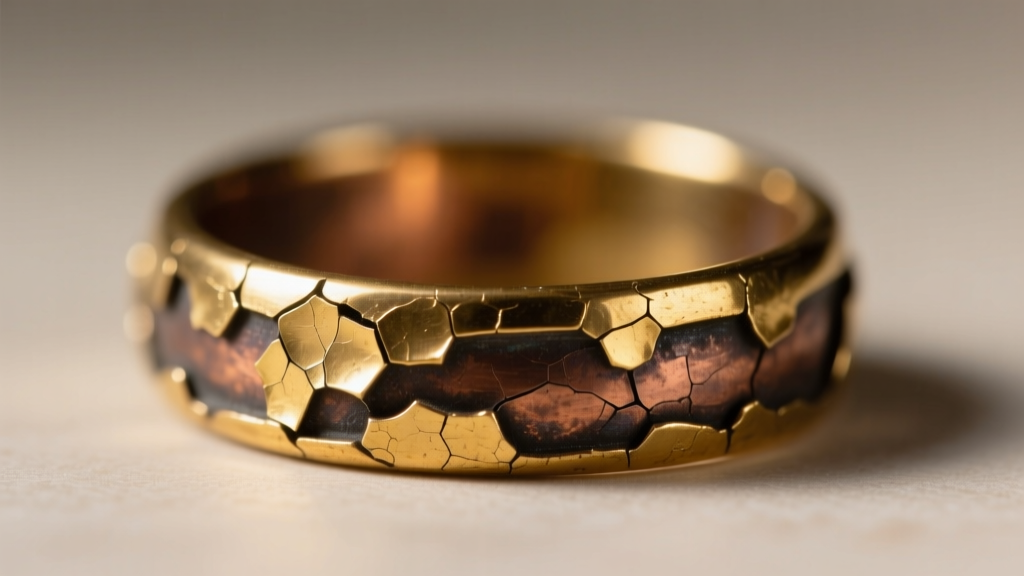 Macro shot of a brass ring showing flaking gold plating, revealing dark oxidized copper base metal beneath the shiny surface