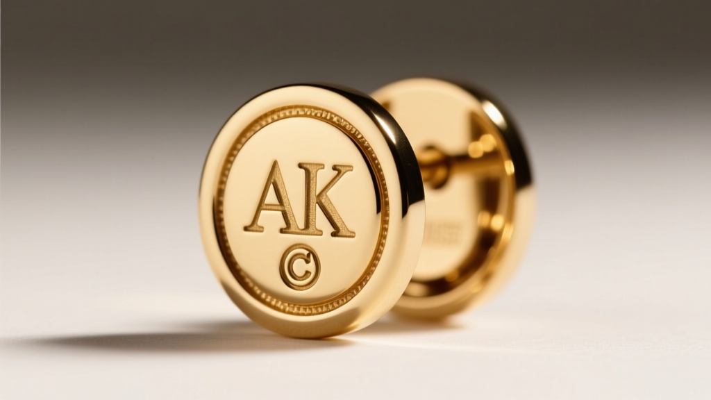 Extreme close-up of a fashion earring back showing the stamped AK hallmark and copyright symbol on the gold-tone metal base.