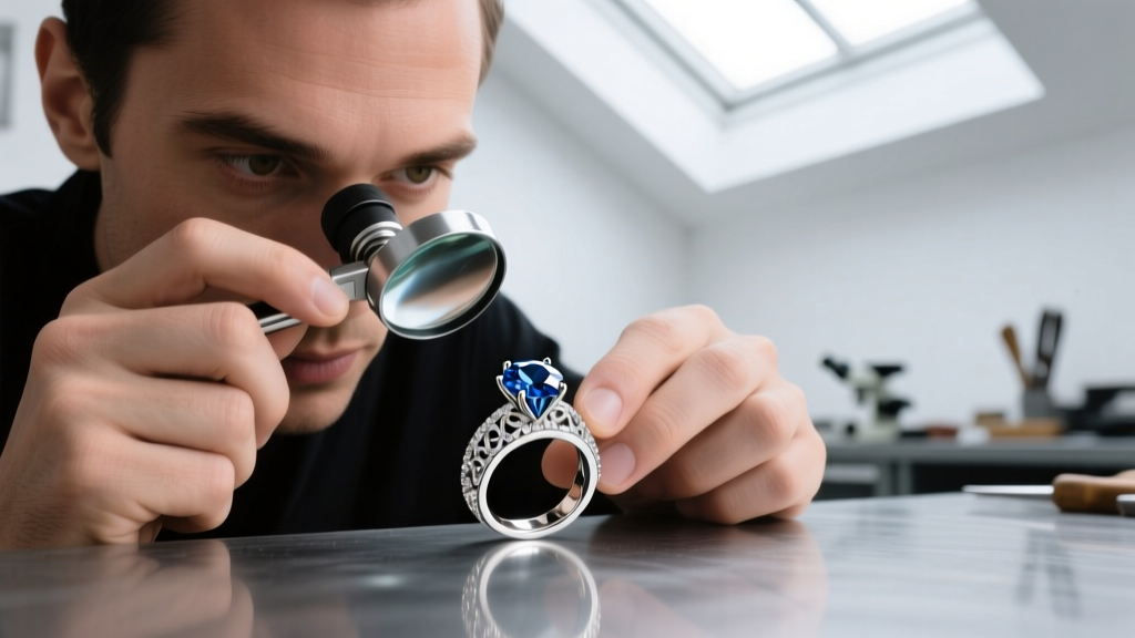 Jeweler examining a high-carat diamond set in an ornate Italian platinum ring using a loupe under bright workshop lights.