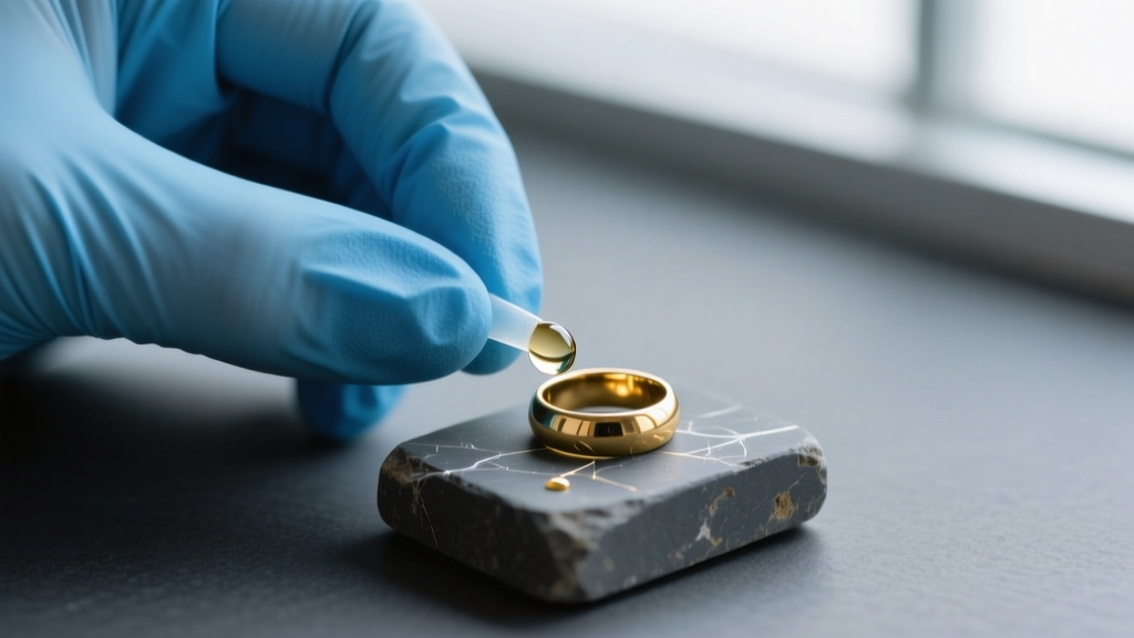 Hands in blue nitrile gloves applying a drop of nitric acid to a scratched 10k gold ring resting on a dark gray testing stone.