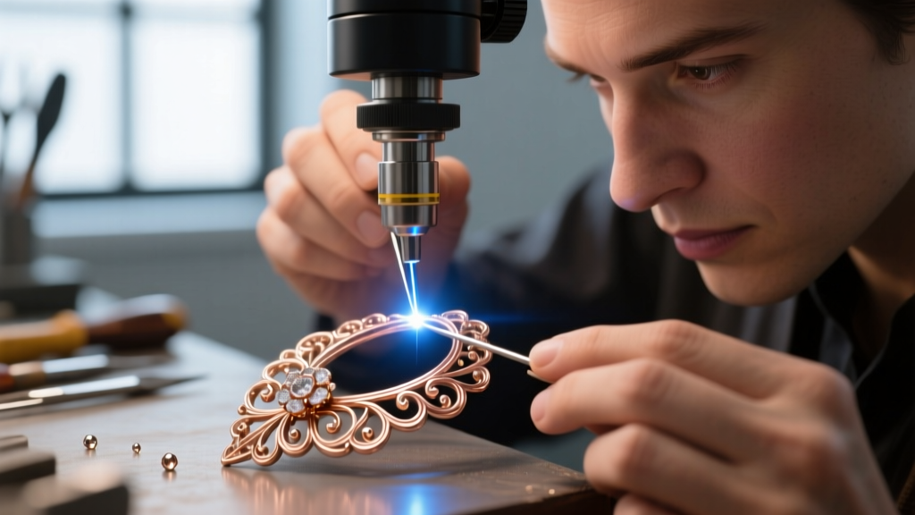 Jeweler using a laser welder to repair a broken wire on an antique rose gold filigree brooch, viewed through a microscope lens
