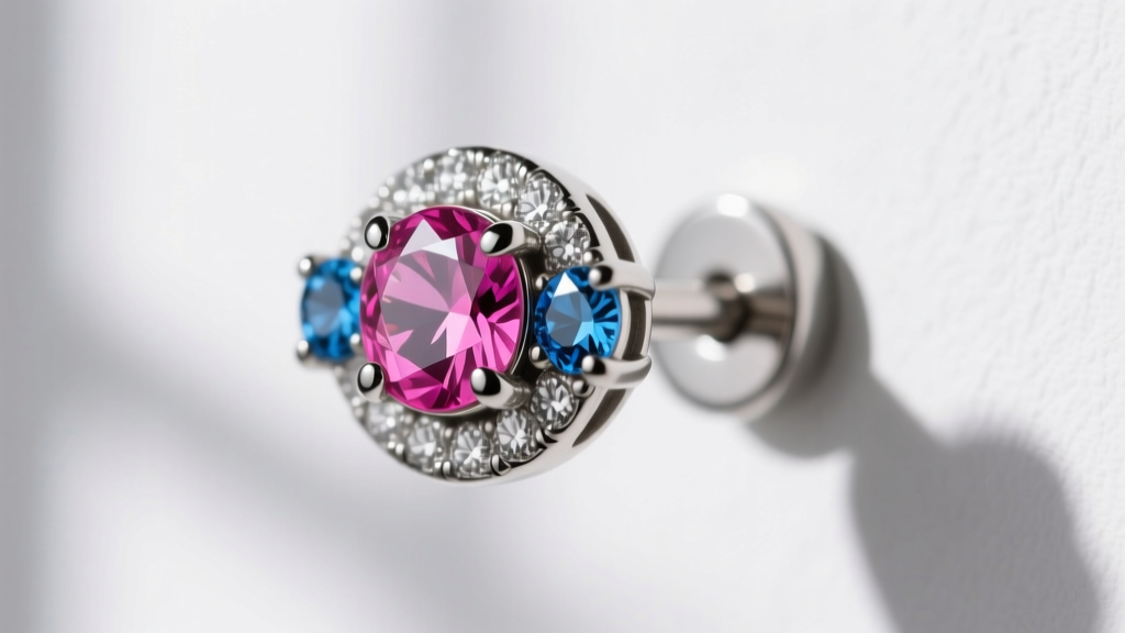 Macro shot of a 16-gauge titanium helix stud with bezel-set pink tourmaline and blue sapphire on a neutral background
