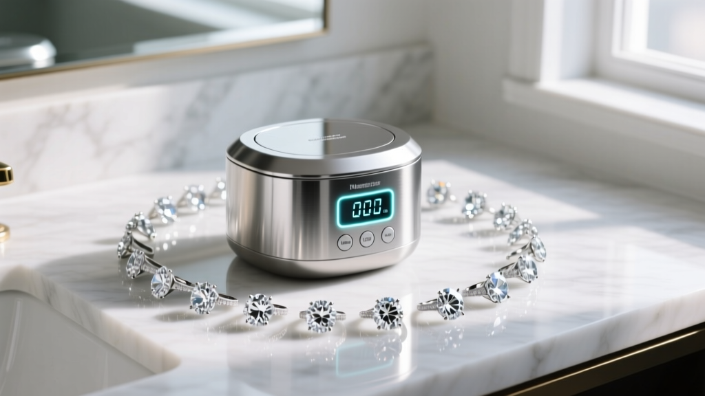 Compact stainless steel ultrasonic jewelry cleaner with a digital timer on a marble vanity beside sparkling diamond rings.